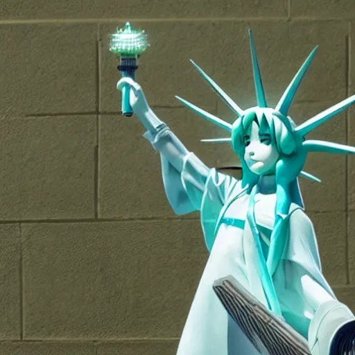 Prompt: Hatsune Miku as the Statue of Liberty
