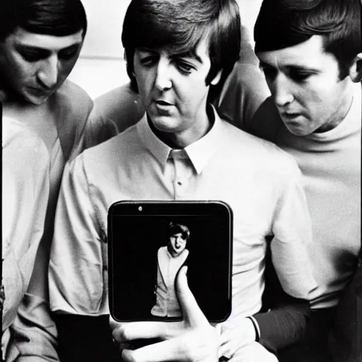 Prompt: 1 9 6 0 s paul mccartney using an iphone