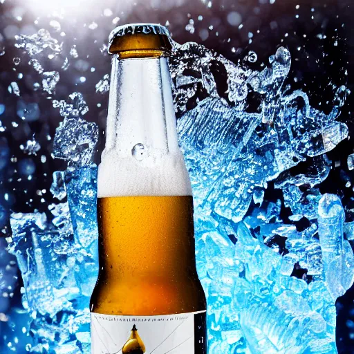 Prompt: an award - winning advertisement photo of a bottle of beer, very cold, ice, drammatic lighting, sigma 5 0 mm, ƒ / 8, behance