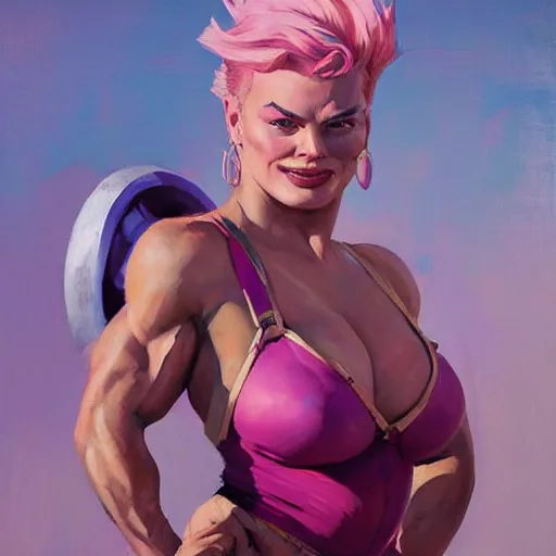 Prompt: greg manchess portrait of margot robbie as very happy thick veiny muscular female bodybuilder zarya from overwatch with pink hair in disco elysium, fantasy, medium shot, asymmetrical, profile picture, organic painting, matte painting, bold shapes, hard edges, street art, trending on artstation, by huang guangjian and gil elvgren and sachin teng