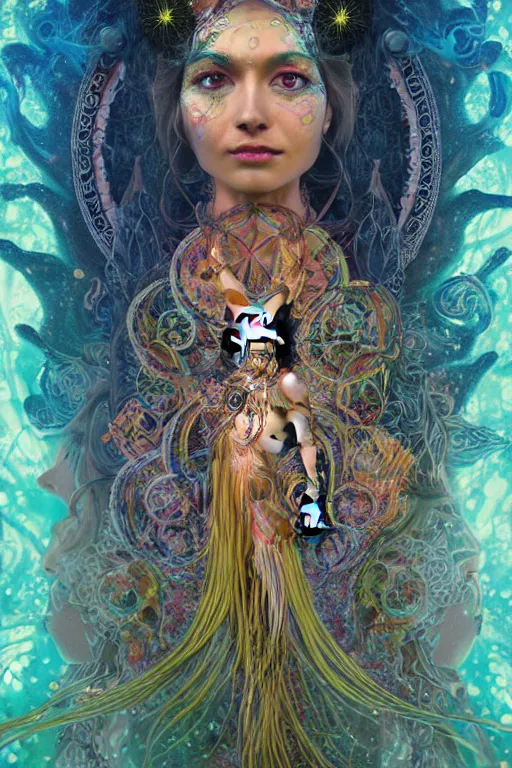 Image similar to a centered full body photo of alluring mystical goddess festival hippies with tribal paintings surrounded by a underwater ink pour and flowing liquid galium and sacred geometry, perfect face, powerful, cinematic, beautifully lit, by artgerm, by karol bak, by viktoria gavrilenko, 3 d, trending on artstation, octane render, 8 k