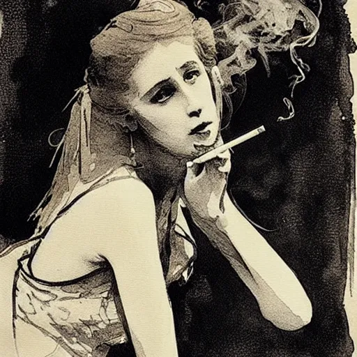 Image similar to the alchemical art of etching by master anders zorn. damsel smoking a long cigarette. ink highly detailed lines