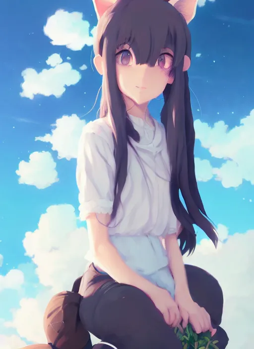 Image similar to portrait of cute catgirl, cloudy sky background lush landscape illustration concept art anime key visual trending pixiv fanbox by wlop and greg rutkowski and makoto shinkai and studio ghibli