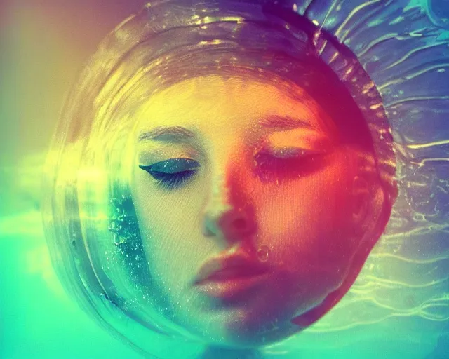 Prompt: a woman's face in the water, serene emotion, jellyfish elements, polaroid, glitched, red, yellow, purple, sun rays