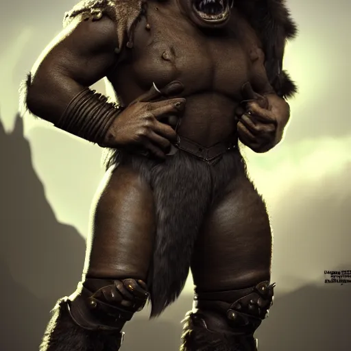 Image similar to A full body shot of a handsome orc looking into the camera wearing a leather fur jacket and boots, full body shot, artstation, realistic, highly detailed, symmetrical, hyper realism, high detail, octane render, unreal engine, 8k, fantasy art, highly detailed, concept art
