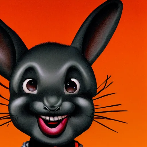 Image similar to A extremely highly detailed majestic hi-res beautiful, highly detailed head and shoulders portrait of a scary terrifying, horrifying, creepy black cartoon rabbit with scary big eyes, earing a shirt laughing in the style of Walt Disney