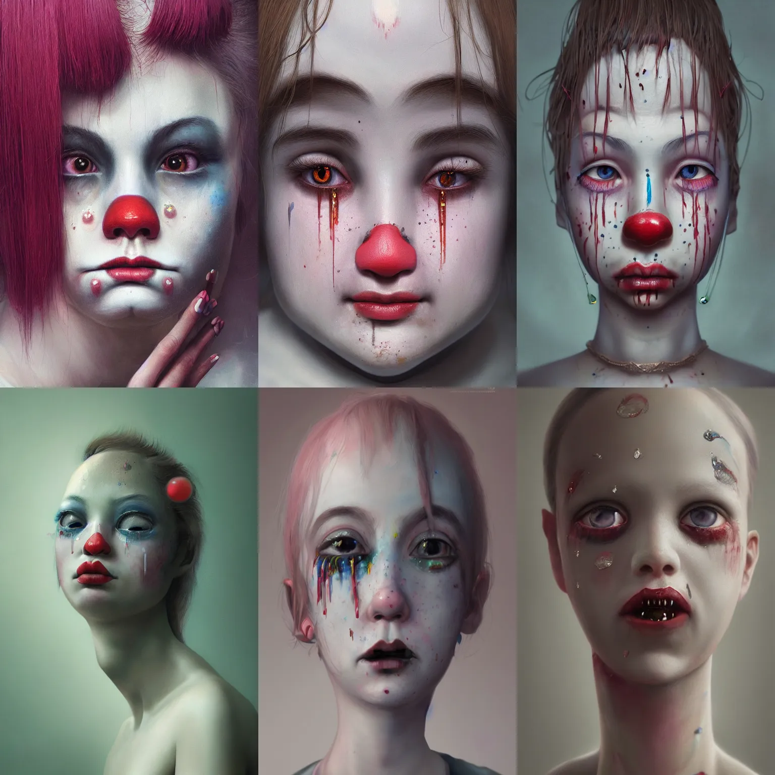 Prompt: breathtaking detailed painting of clown girl tears eyes , with anxious, piercing eyes, art by Hsiao-Ron Cheng, extremely moody lighting, hyperrealistic, octane render, ambient light, dynamic lighting