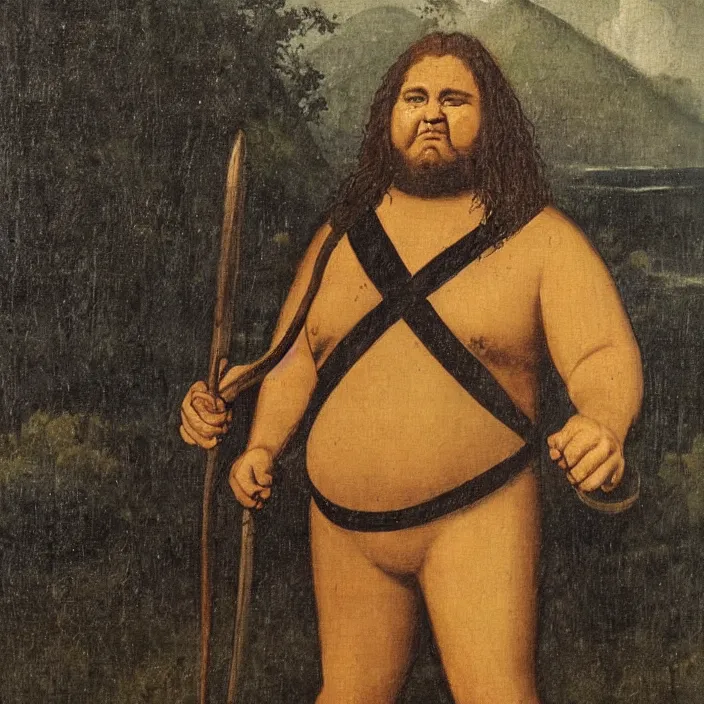 Prompt: hurley from tv show lost, jorge garcia, early netherlandish painting