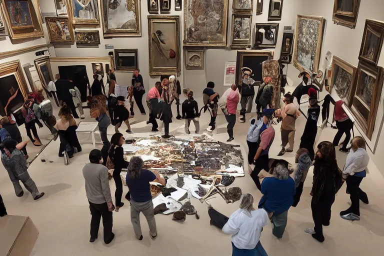 Image similar to a group of people destroying a museum art show