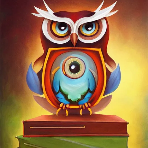 Image similar to a painting of an owl with a book in its hands, an airbrush painting by jeremiah ketner, behance contest winner, pop surrealism, storybook illustration, tarot card, lovecraftian