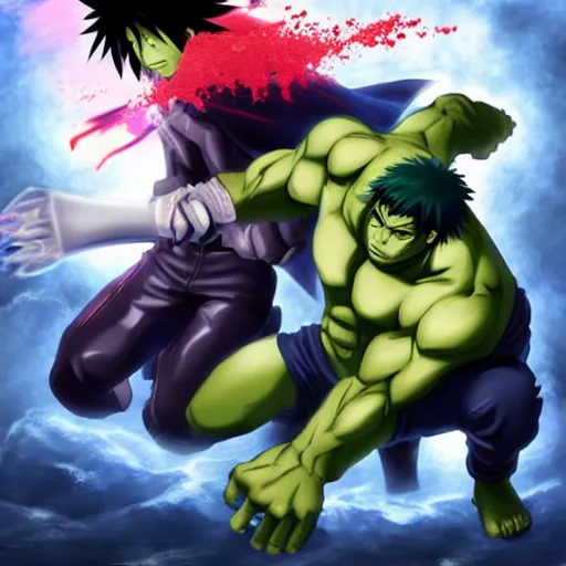 Image similar to epic anime battle between the sasuke and the incredible hulk, digital art, game art, character design, trending on artstation, ultra realistic, ultra detailed