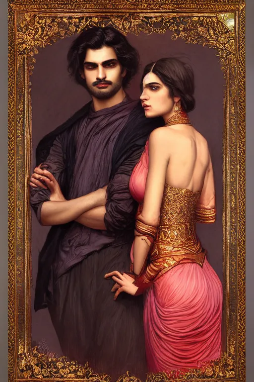 Image similar to a portrait of handsome young male indo-persian Satan and his elegant beautiful indo-persian wife, bored, illustration, dramatic lighting, soft details, painting oil on canvas, art nouveau, octane render, HDR, 4k, 8k, HD, by Edmund Blair Leighton, Brom, Charlie Bowater, trending on artstation, faces by Tom Bagshaw, Sargent