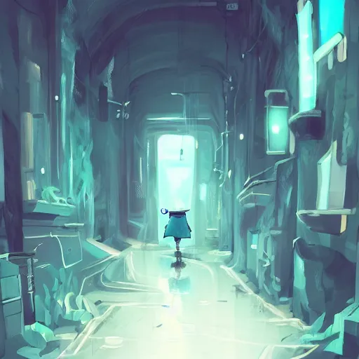 Image similar to teal and white colors. Alleyway in style of cytus and deemo, mysterious vibes, set in half-life 2, beautiful with eerie vibes, very inspirational, very stylish, surrealistic, perfect digital art, mystical journey in strange world, bastion game