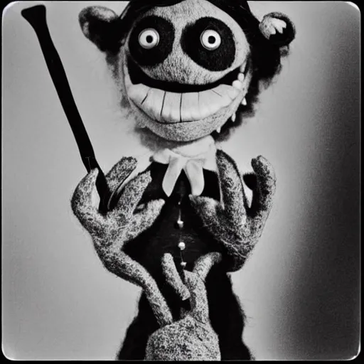 Image similar to a black and white photograph by Gary Baseman, Robert Crumb, Jim Henson, photorealistic, surreal, high contrast, film photography, felt, muppet, character