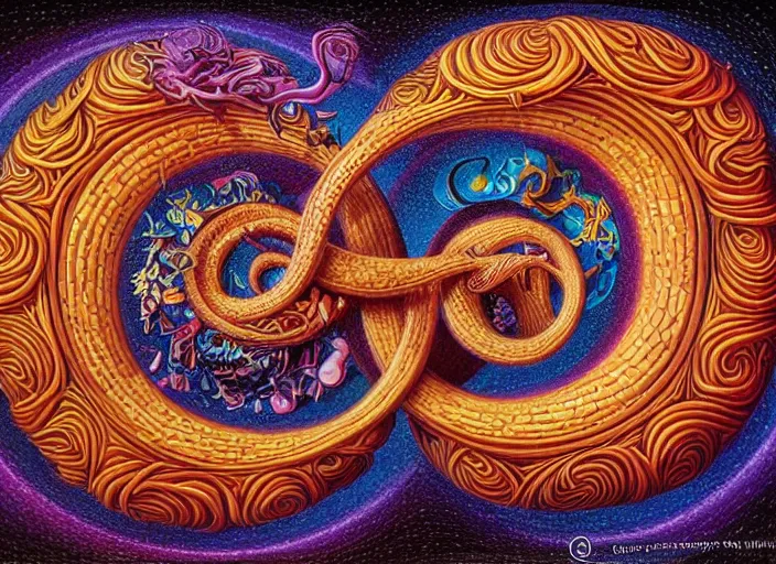 Prompt: the ouroboros of infinite flower universes, by octavio ocampo, dichromatism, paradox, volumetric light, insanely detailed and intricate, hypermaximalist, warm colors, dramatic lighting, smooth, sharp focus, extremely detailed, aesthetically pleasing composition