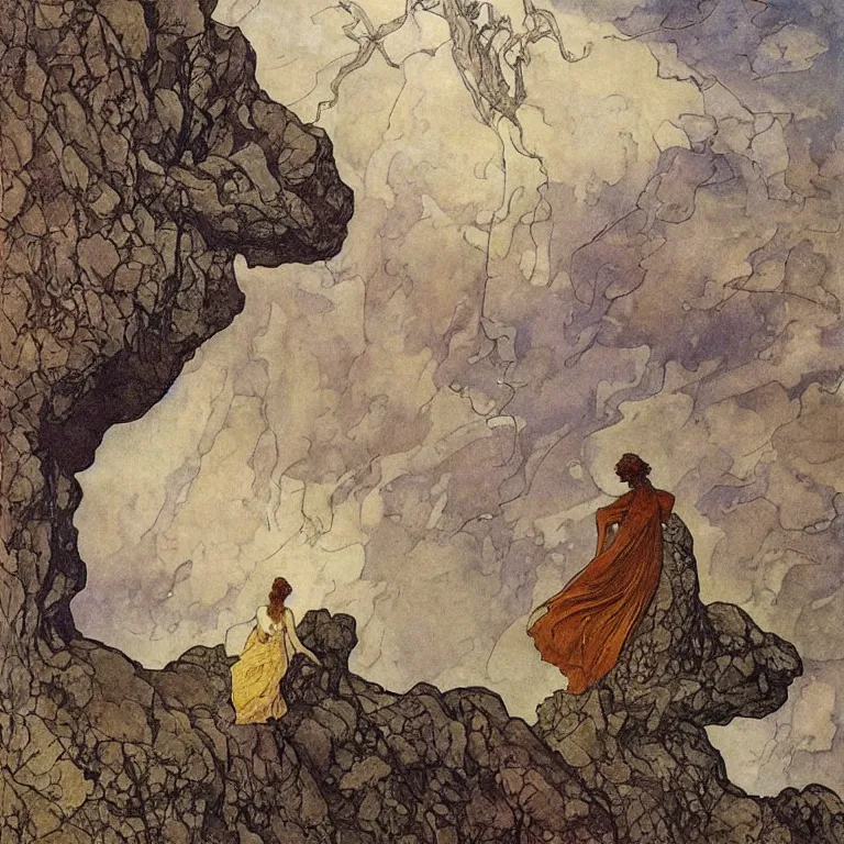 Image similar to A woman standing on a cliff, looking out at a storm Anton Pieck,Jean Delville, Amano,Yves Tanguy, Alphonse Mucha, Ernst Haeckel, Edward Robert Hughes,Stanisław Szukalski and Roger Dean