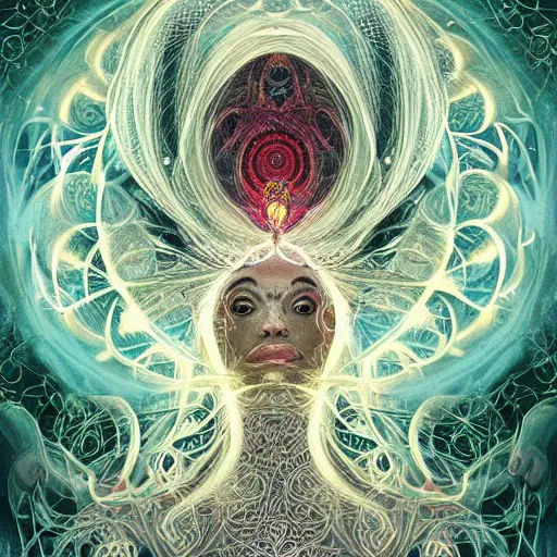 Prompt: !dream faceless, shaman, cultist, lovecraftian, surreal, shrouded figure, powerful being, plant spirit, fractal entity, spirit guide, light being, pearlescent, shiny, glowing, ascending, beautiful, subtle pattern, trending on artstation, fractal pattern, sacred geometry by peter mohrbacher, highly detailed, professional art, illustration, cult, sacrificial altar, levitating, perfect symmetry, rendered in octane, unreal engine, biomechanical, fungal god, blurred background, light dispersion, glass skin, fractal skin