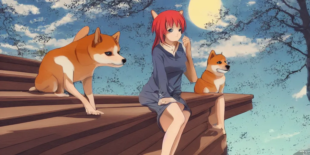 Image similar to a girl with red hair, sitting on stairs with a shiba inu, watching the sun set. anime, intricate details, 4k —steps 100