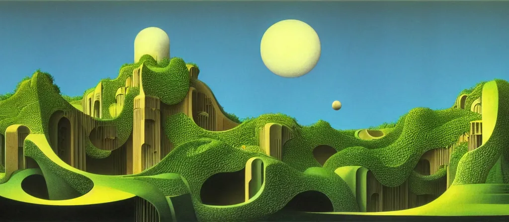 Prompt: huge gargantuan angular building by escher and ricardo bofill. utopian landscape by roger dean. magical realism, surrealism, waterfalls, clouds, trending on artstation, shot from below, epic scale