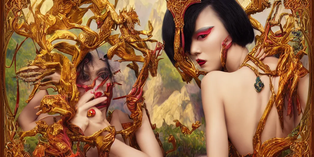 Prompt: giesha demon, innovative avant - garde art, deco fashion, one asian woman!!!, highly detailed, photorealistic portrait by michael chavel, serene forest setting, crisp quality and light reflections, octane render, tarot card with ornate border frame h - 1 0 2 4