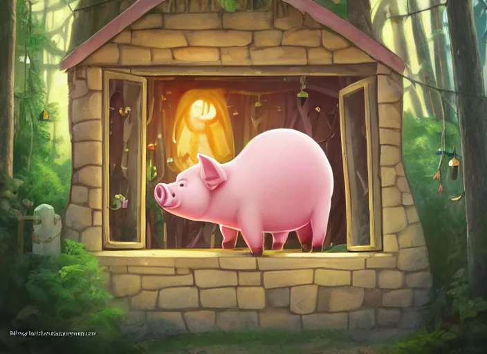 Prompt: a cartoonish cute anthropomorphic pig is at the window of a house made of straws in a mystical forest full of wonders, pine trees, magical atmosphere, trending on artstation, 30mm, by Noah Bradley trending on ArtStation, deviantart, high detail, stylized portrait H 704