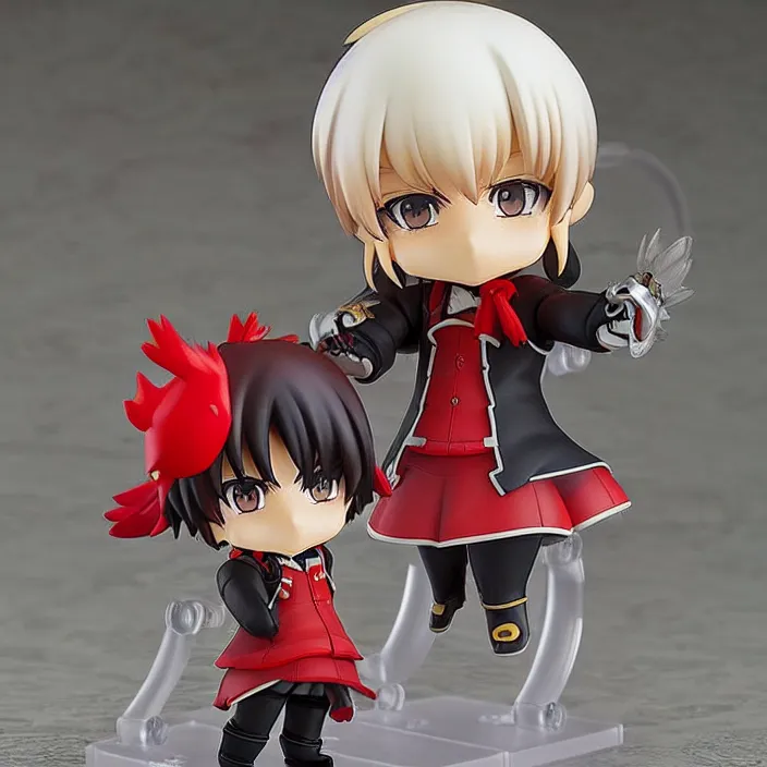 Prompt: one! anime nendoroid figurine of black rooster!!!!!!, fantasy, figurine, product photo