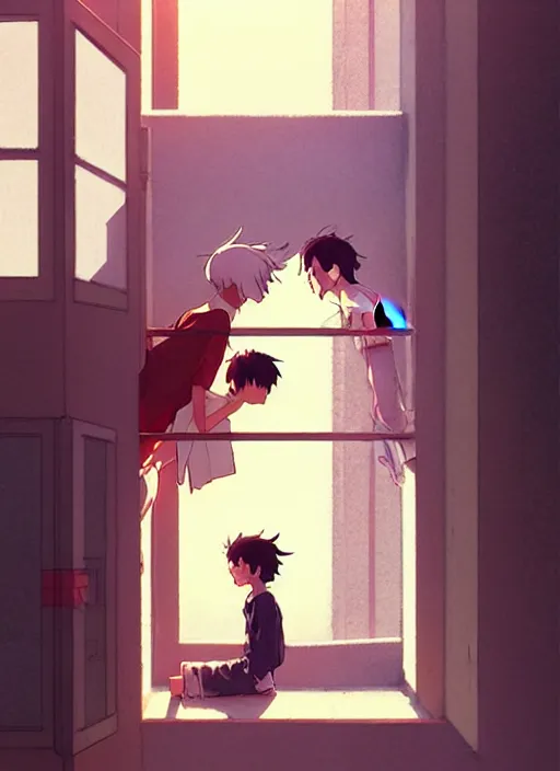 Image similar to boy kissing girl from a window. illustration concept art anime key visual trending pixiv fanbox by wlop and greg rutkowski and makoto shinkai and studio ghibli