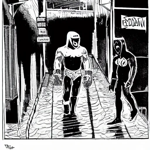 Image similar to masked wrestlers walking in a rainy alley, art by tomm coker and john paul leon, dramatic shadows