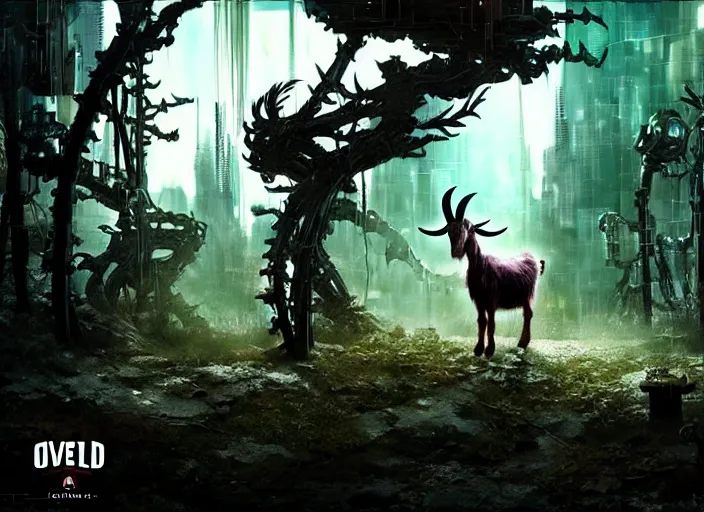 Image similar to intricate goat from overlord anime, on the background of a weird magical mechanical forest. Very detailed 8k. Fantasy cyberpunk horror. Sharp. Cinematic post-processing