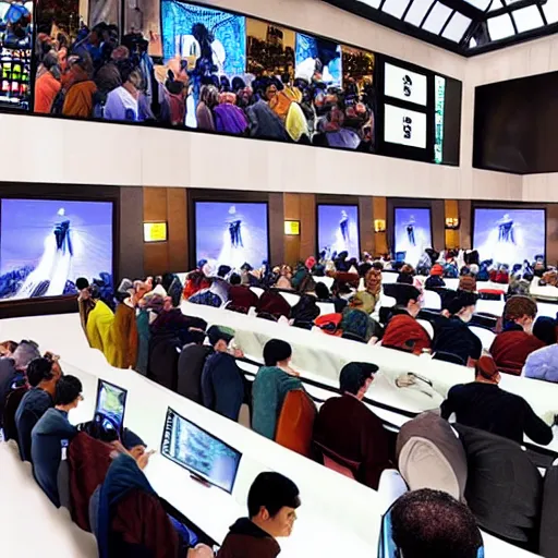 Image similar to “people in robes watching big brother on computer graphics conference 4K realistic”