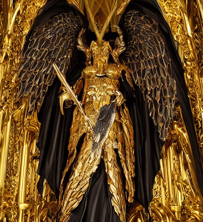 Image similar to full length picture of the angel of death wearing black robe with gold wings in an elaborate cathedral, octane, 8k, ultra detailed, photorealistic + sigma 105mm f2.8 macro