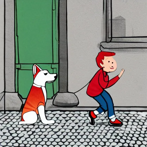 Image similar to illustration of boy playing football with his dog on the streets of paris, his dog dog is a corgi that wears a polkadot scarf