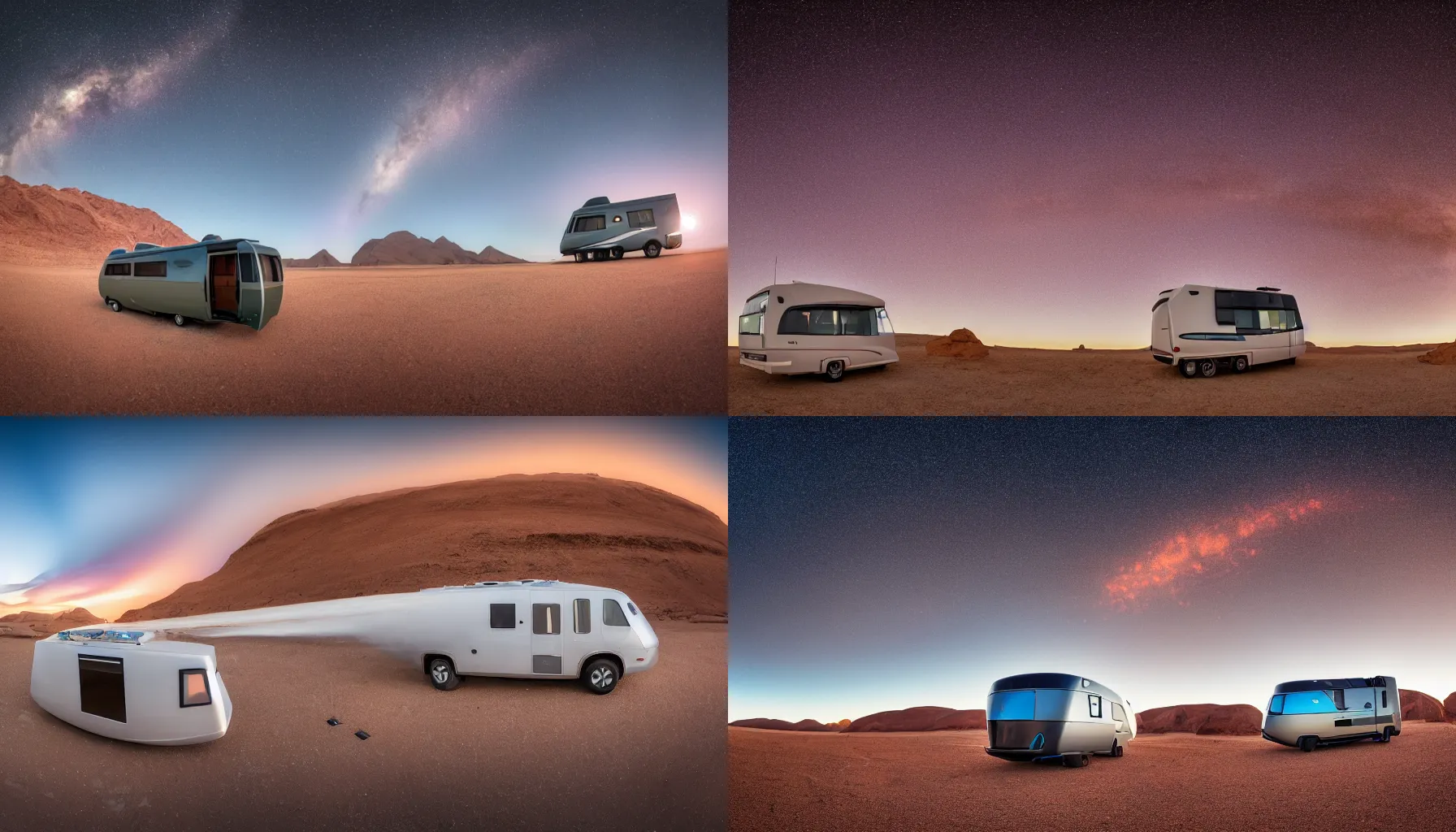 Prompt: a professional photograph of a beautiful futuristic Winnebago designed by Buckminster Fuller on stilts with astronauts are camping nearby in a picturesque alien desert. Astronauts are camping nearby. Mammatus clouds worms eye shot, wide-angle, racking focus, extreme panoramic, Dynamic Range, HDR, chromatic aberration, Orton effect, Photo by Marc Adamus, Ryan Dyar, Ezra Stoller, and Andres Gursky