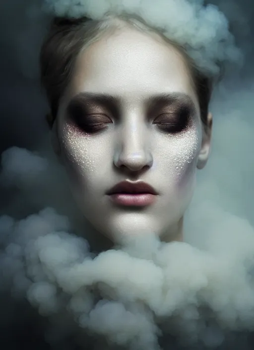 Image similar to an ethereal, smoky portrait of a woman whose face is covered with glowing makeup. the makeup floats off her face and joins swirling clouds of smoke and fog. surreal portrait, concept art, cinematic lighting, 8 k, sharp focus, digital painting, rendered in octane, painted by tom bagshaw, artgerm