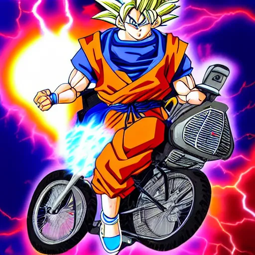 Prompt: goku riding a bike made of lightning