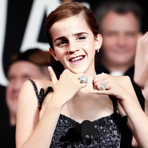 Image similar to A photo of laugh emma watson showing wedding ring on his finger. 50 mm. perfect ring. award winning photography