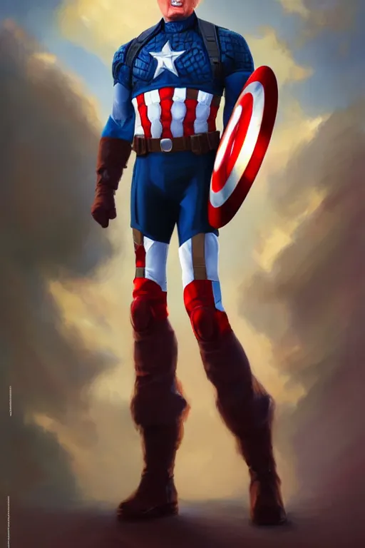 Image similar to hyperrealistic full body concept art of Donald Trump as Captain America, oil on canvas, in the style of J.C. Leyendecker, Ross Tran and WLOP, 4k, smooth, sharp focus, extremelydetailed