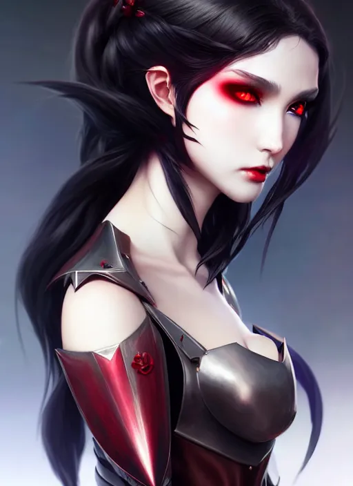 Image similar to full plate armor!!! beautiful and elegant dark hair female vampire!! gorgeous ayes!! character concept art, sharp focus, octane render! unreal engine 5! highly rendered!! trending on artstation!! detailed linework!! illustration by artgerm, wlop, and chie yoshii