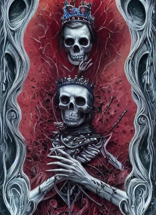 Image similar to the king of hearts, death tarot card, highly detailed, half skull face, cinematic, 8 k, by megan duncanson, benjamin lacombe, adrian borda, stanley artgermm, tom bagshaw, craig mullins, carne griffiths, ayami kojima, beksinski, giger, trending on deviantart, hyper detailed, horror, full of colour