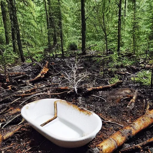 Image similar to pristine porcelain bath filled with bubbles in a clearcut rainforest, slash and burn, cleared forest, deforestation, bubble bath, overflowing with bubbles, tree stumps, smouldering charred timber, pile of timber