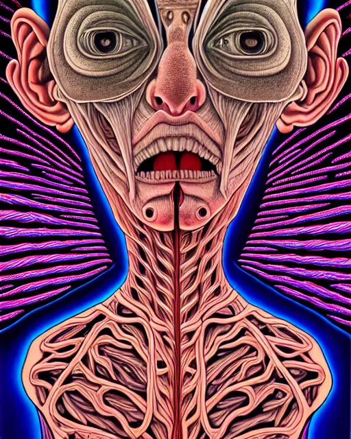 Prompt: Human Body breaking away, Conjuring Psychedelic Illustration, part by Shintaro Kago, part by Alex Gray, ultra realistic, highly detailed, 8k, symmetry, grotesque, vibrant,