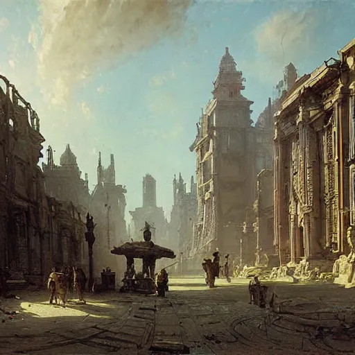 Image similar to painting of a scifi ancient civilzation victorian, brutalist architecture, andreas achenbach