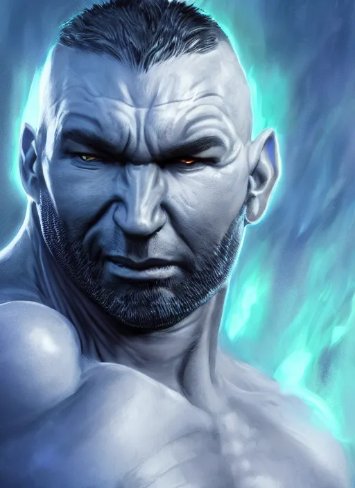 Image similar to A fantasy comic book style portrait painting of Dave Bautista as a blue orc mage, unreal 5, DAZ, hyperrealistic, octane render, RPG portrait, dynamic lighting