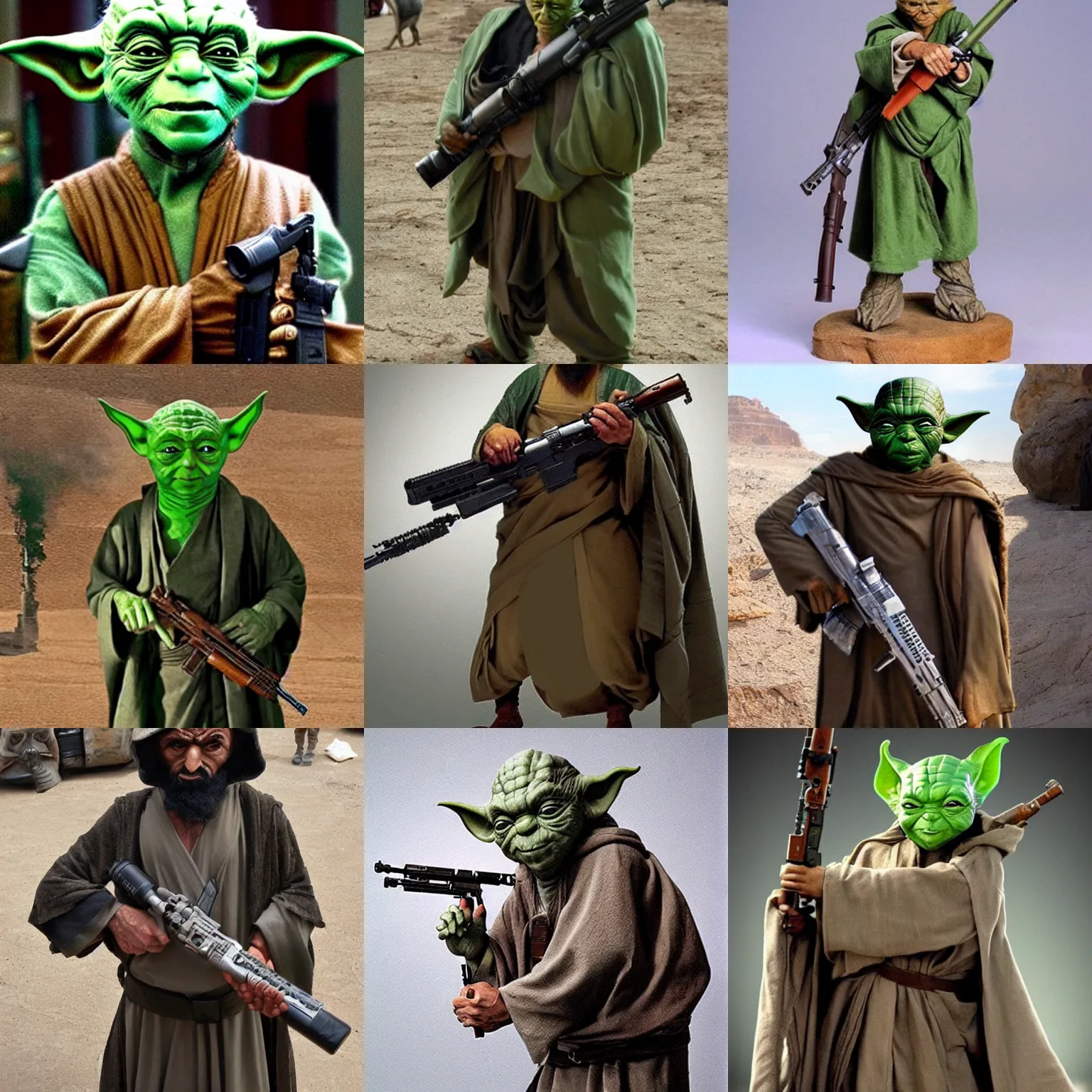 Prompt: middle eastern yoda with a realistic makeshift pipe rifle chambered in .50 cal giant gun that is much larger than yoda who looks tiny in comparison, angry expression