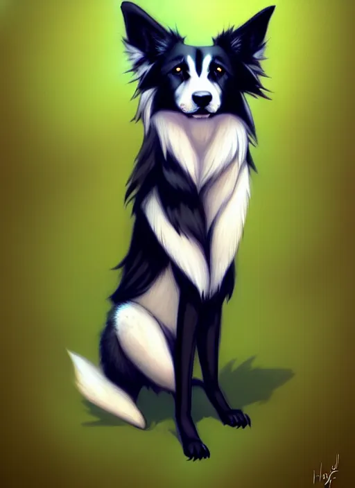 Image similar to wide angle beautiful full body portrait of a cute male bipedal border collie fursona posing in front of a park, character design by charlie bowater, henry asencio, and ross tran, furry art, furaffinity, beautiful, glamor pose, detailed, aesthetic, trending on artstation