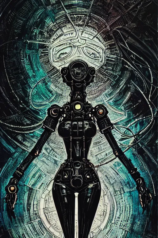 Prompt: dreamy gothic girl, abstract black leather, gear mecha, beautiful woman body, detailed acrylic, grunge, intricate complexity, by dan mumford and by alberto giacometti, peter lindbergh