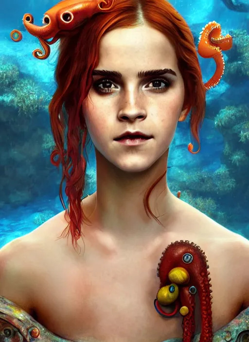 Image similar to underwater pirate portrait of emma watson, red hair, octopus, parrot, hyper detailed, digital art, cinematic lighting, studio quality, smooth render, unreal engine 5, octane rendered, art style by klimt and nixeu and ian sprigger and wlop and krenz cushart.