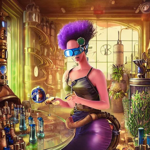 Image similar to a beautiful stunning interesting photorealistic digital illustration of a woman wearing steampunk safety goggles while mixing potions, in a potion shoppe, colorful bottles and plants, awesome and moody afrofuturism by marc poole and tyler edlin