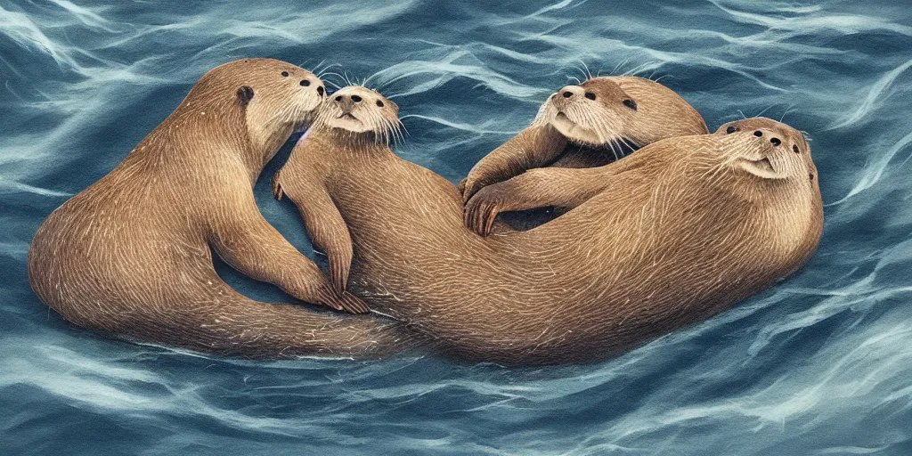 Image similar to otters hold hands while they sleep so nobody will drift away to the sea during the stormy night , fantasy illustration, cinematic, award winning, romantic, detailed trending on art station masterpiece