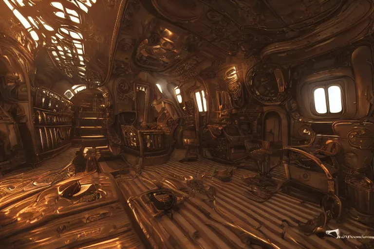 Prompt: baroque steampunk spaceship interior, viewport, commander's deck made of bone, rendered in unreal engine 5, cryengine, arnold and zbrush, epic lighting